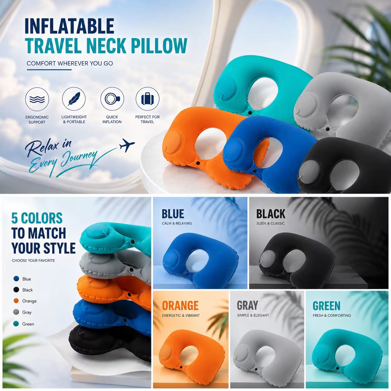 Outdoor Furniture Pillows - Bantal Tiup 5 Warna, Dapat Dilipat,